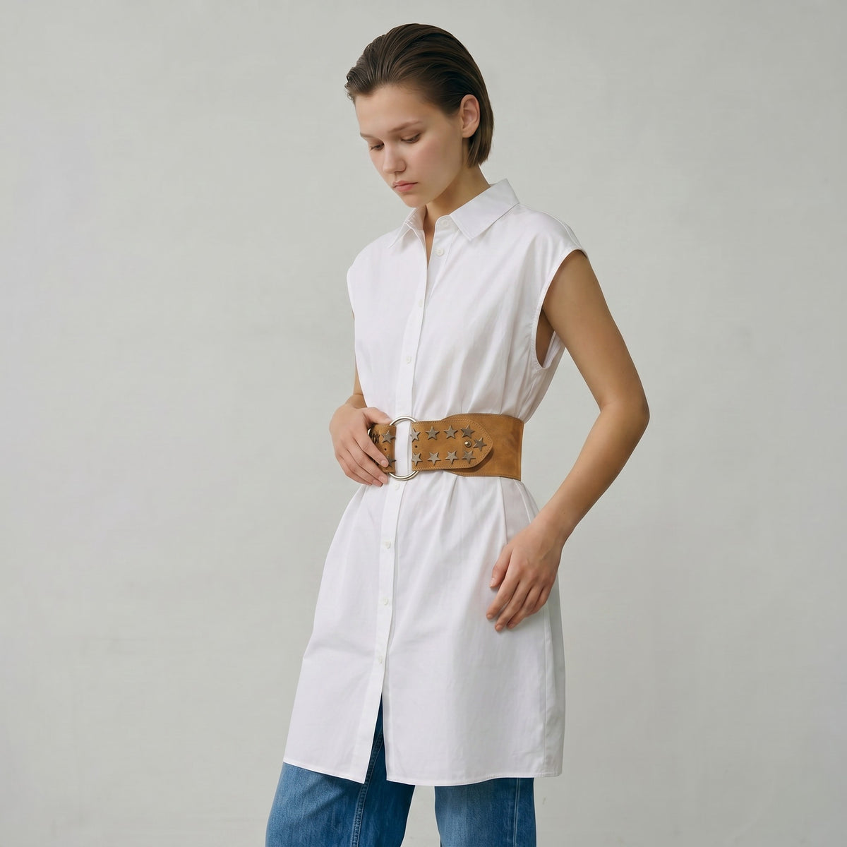 Ceinture large nubuck camel — rivets étoiles