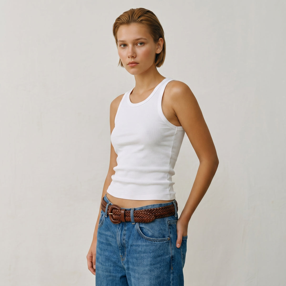 Femme portant une ceinture tressée en cuir marron La Stella avec un débardeur blanc et un jean bleu