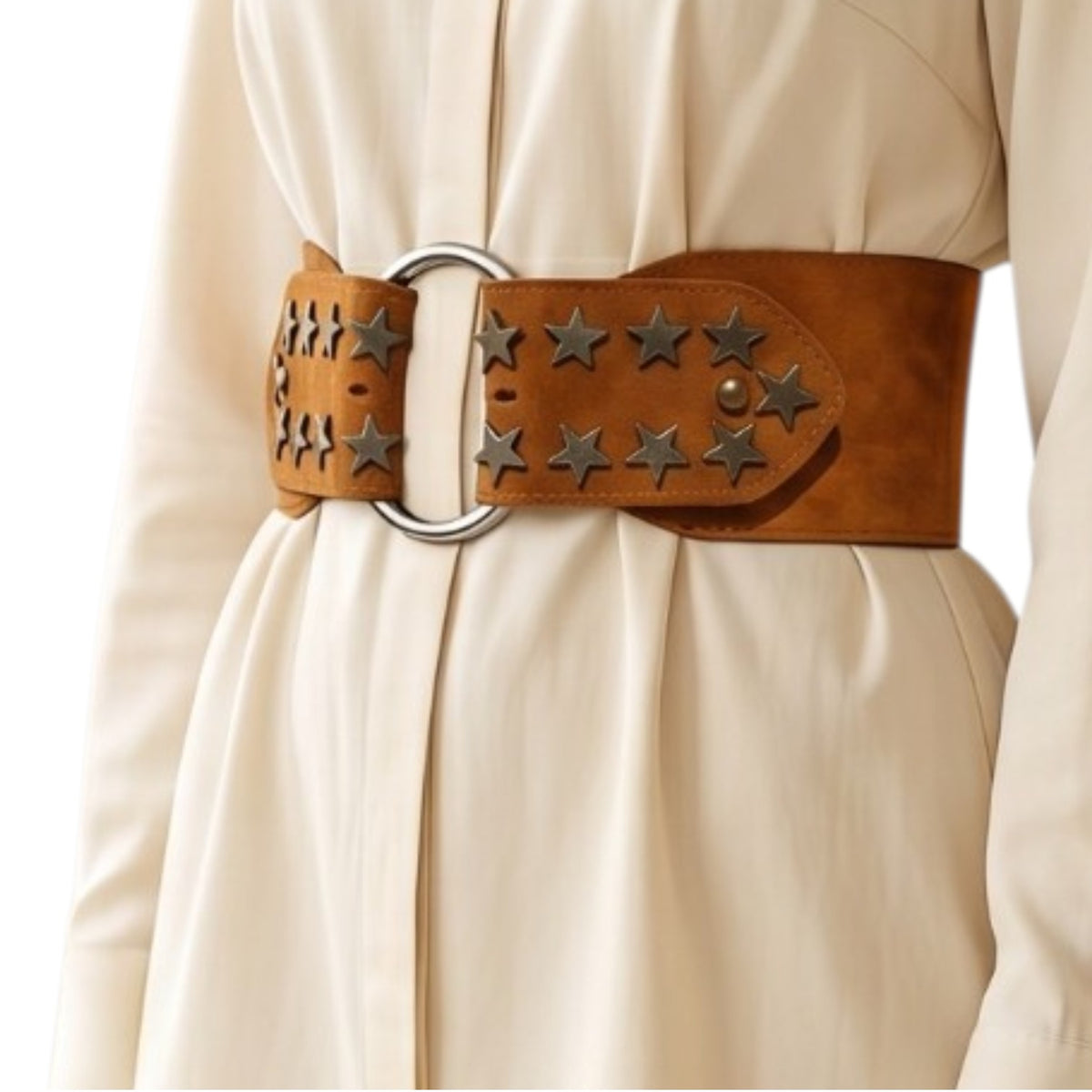 Ceinture large nubuck camel — rivets étoiles