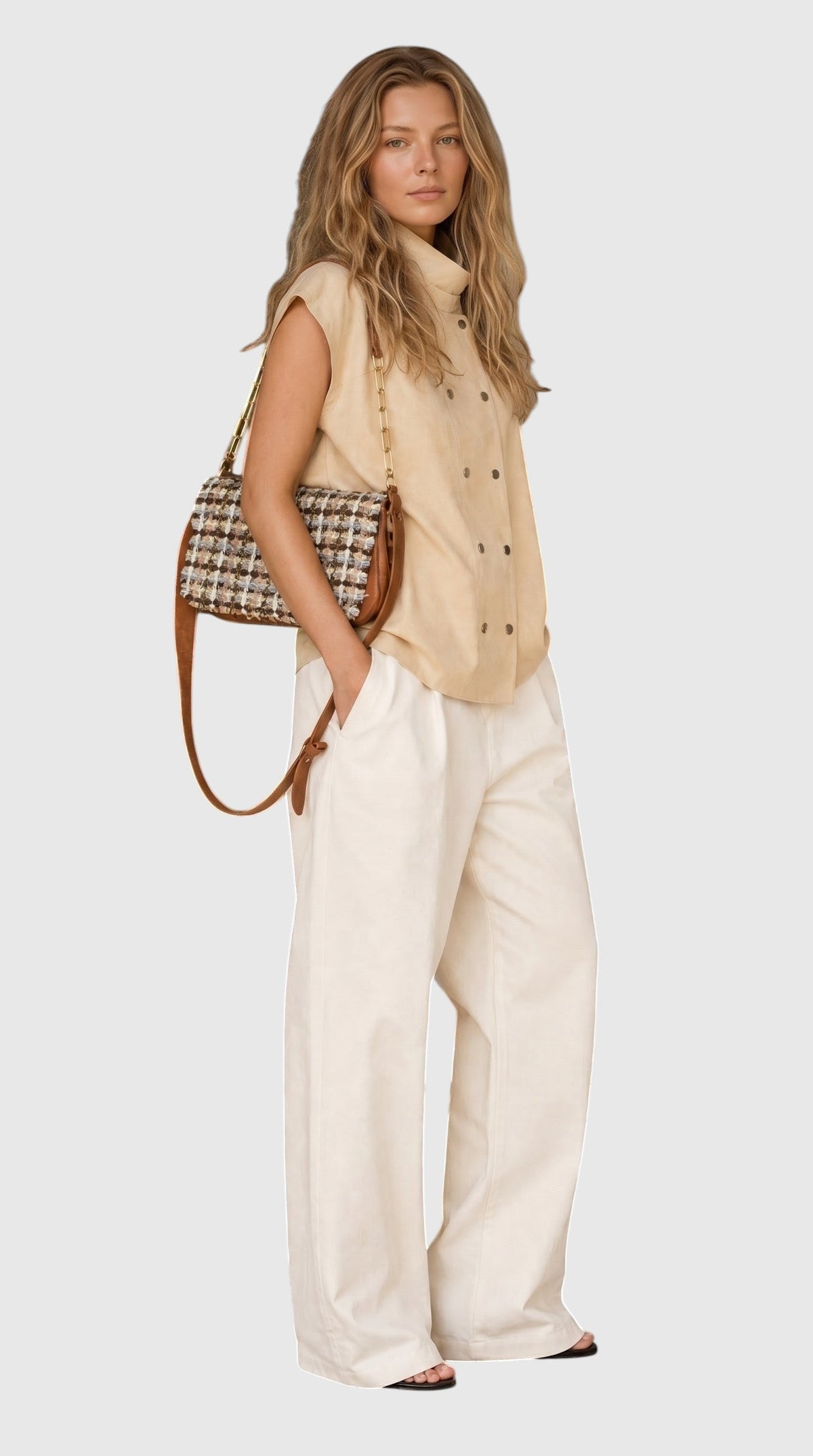 La Stella Rabat Goldie, sac bandoulière en tweed bouclette multicolore brun, camel, écru, jaune et bleu, avec finitions cuir camel.